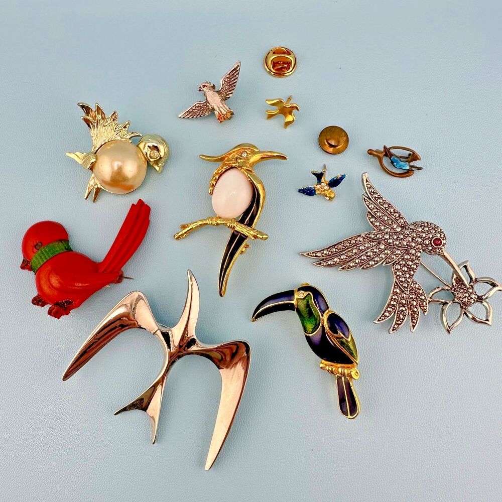 Vintage Bird Brooch Pin Lot of 10 Rhinestone Enamel Glass Celluloid Some Signed